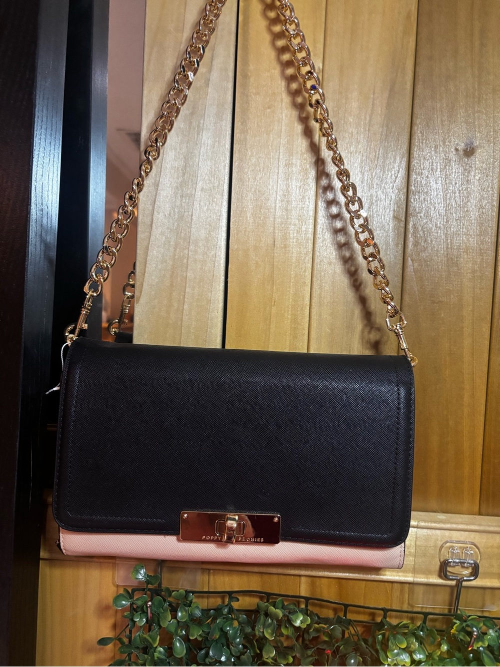 Poppy & Peonies Black and Blush Pink Chain Strap Clutch